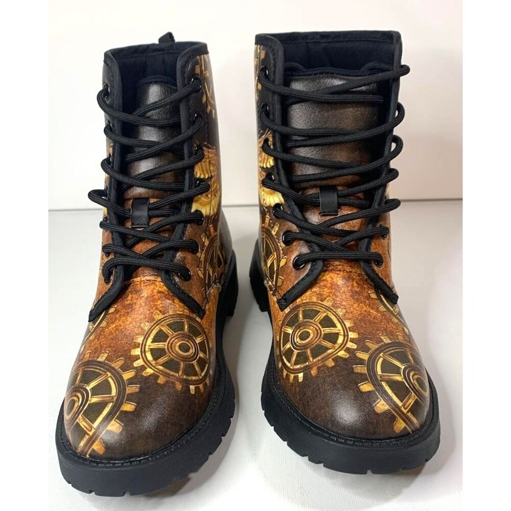 Steampunk Combat Boots Dragonfly Gear Print Brown Gold Women’s Size 5.5 EU 36